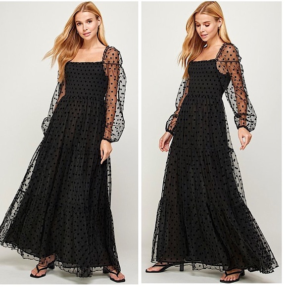 Black Mesh Sleeve Polka Dot Tiered Formal Long Dress - Picture 3 of 4